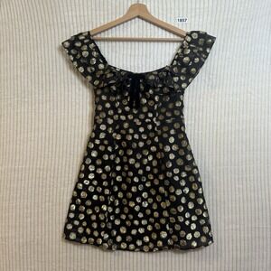 For Love & Lemons Lottie Ruffle Mini Off The Shoulder Dress Black/ Gold Sz Small